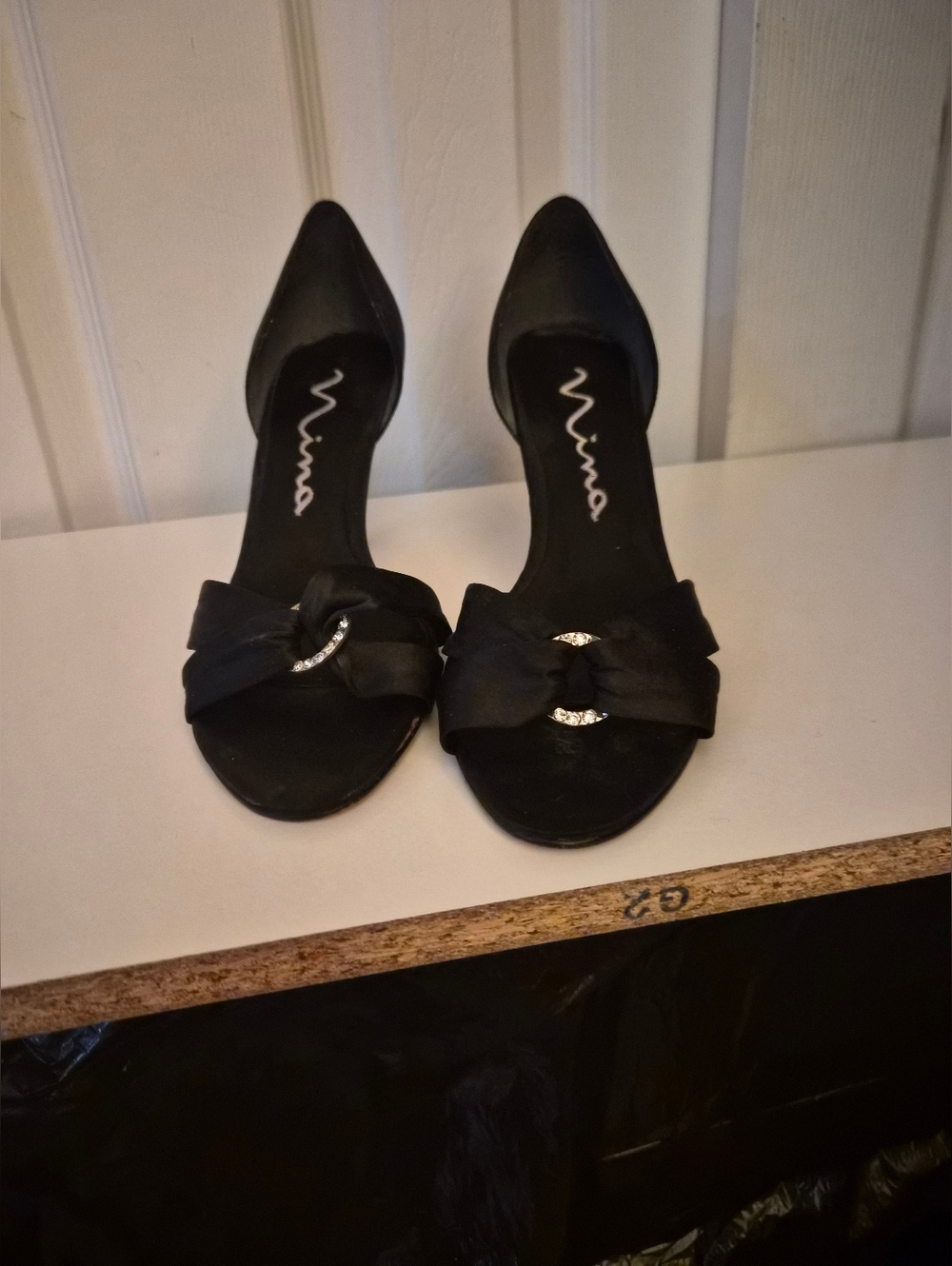 Nina Black Satin D'Orsay Heels with Rhinestone Ring Detail